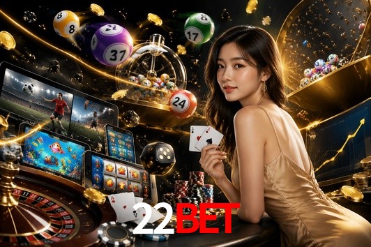 Una escena digital vívida inspirada en casino con 22bet mostrado prominentemente, luces brillantes, fichas, cartas y acentos dorados.