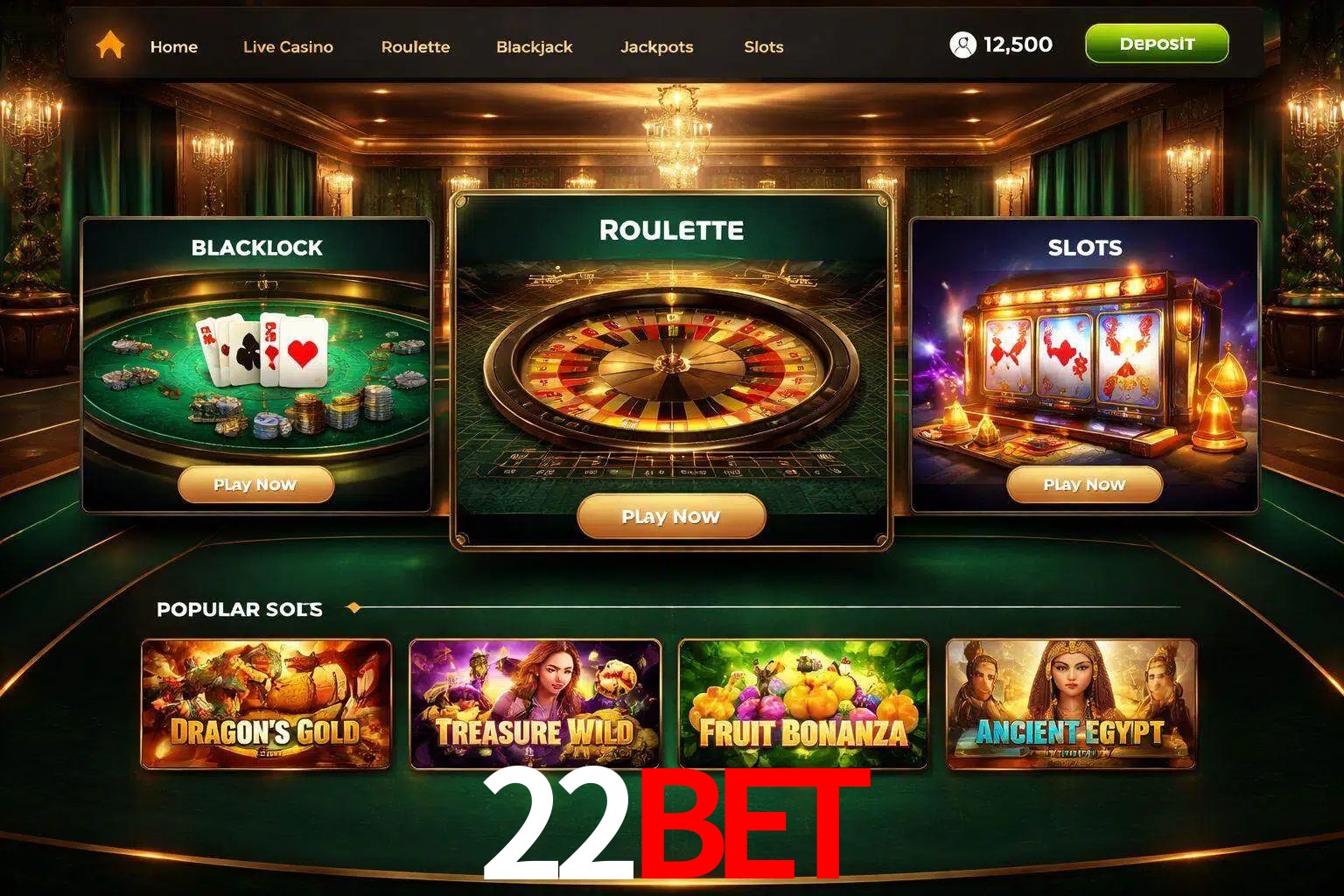 Vista de la plataforma 22bet Casino mostrando categorías organizadas de juegos en línea