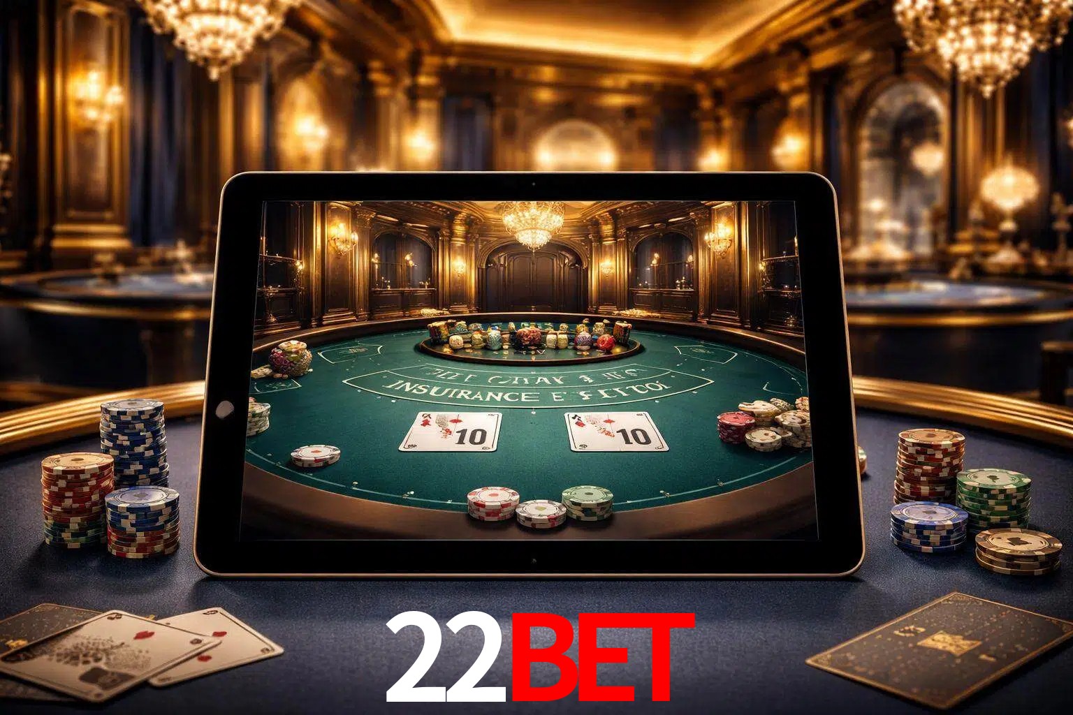 Configuración moderna de casino en vivo con una tableta mostrando una mesa de blackjack, luces cálidas de estudio y una atmósfera elegante de juegos digitales.