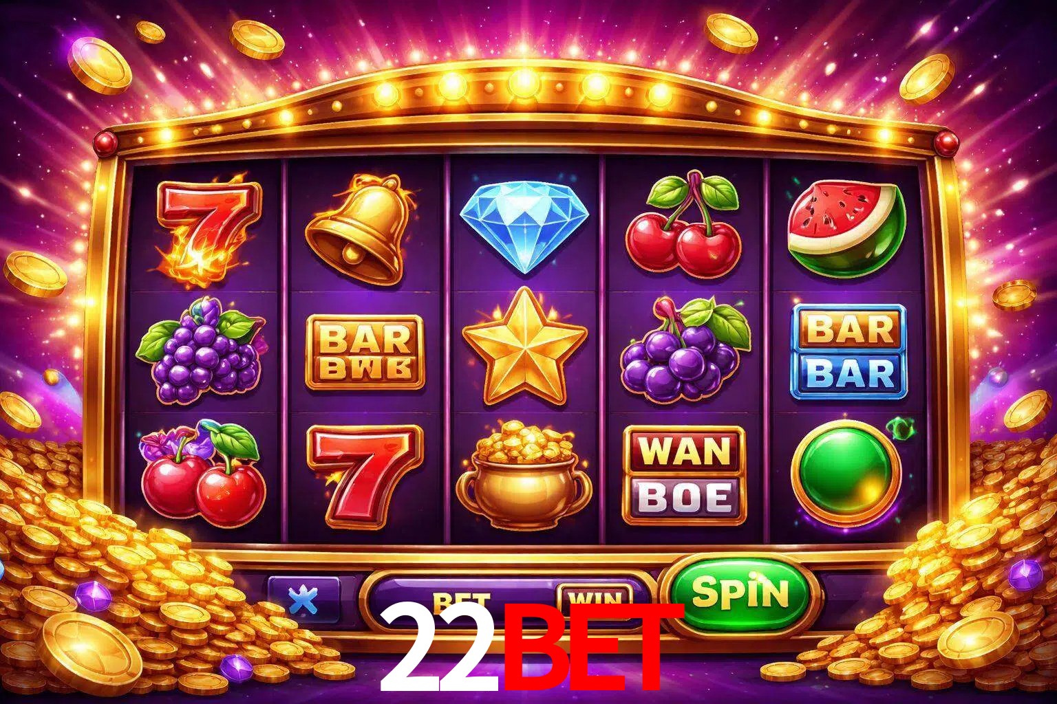 Una interfaz colorida de tragamonedas en línea con símbolos brillantes, monedas y un efecto de victoria celebratoria en 22bet.