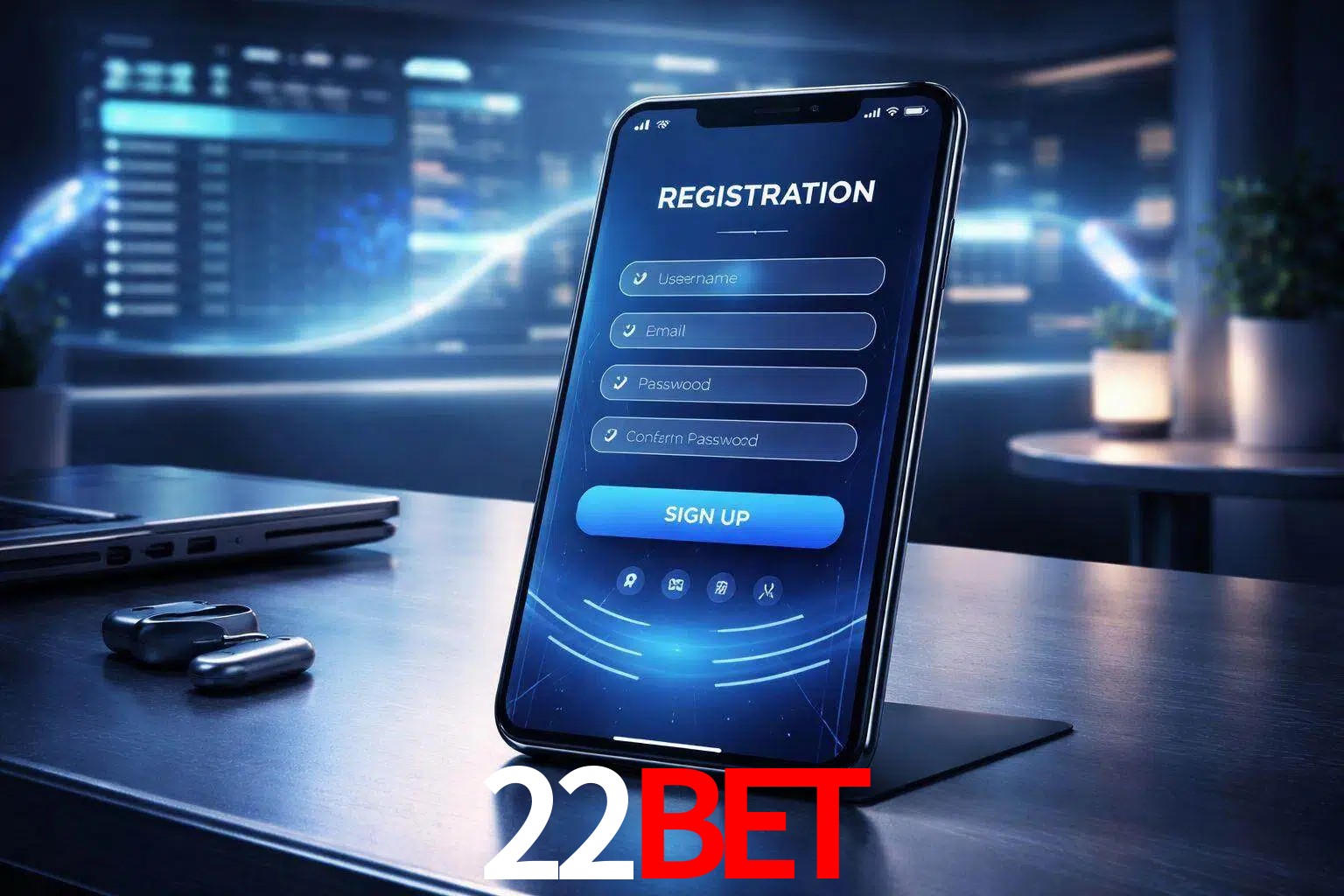 Una interfaz moderna de registro móvil para 22bet mostrada en un smartphone con un panel de apuestas elegante.